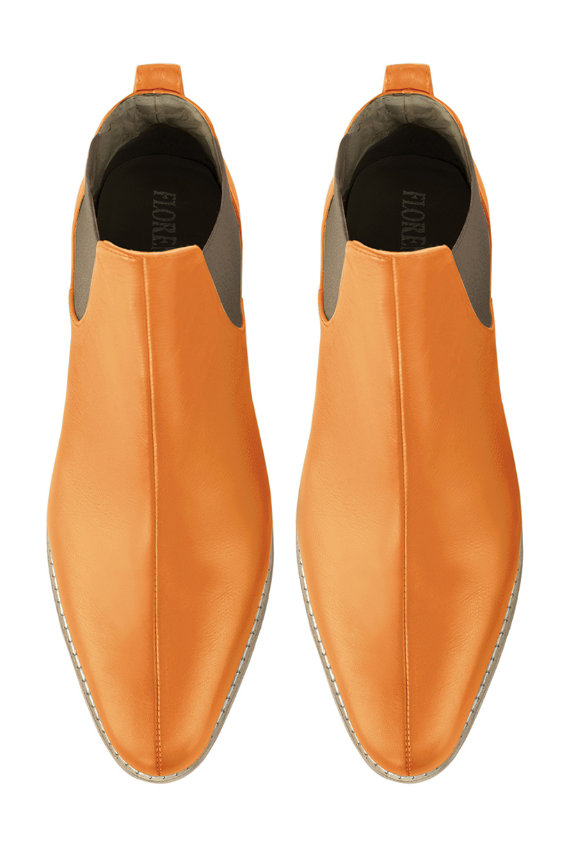 Apricot orange and taupe brown women's ankle boots, with elastics. Round toe. Flat leather soles. Top view - Florence KOOIJMAN